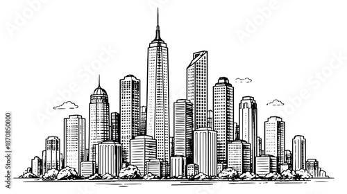 Hand drawn line art illustration of an urban skyline depicting a modern city with skyscrapers and trees for architectural concepts