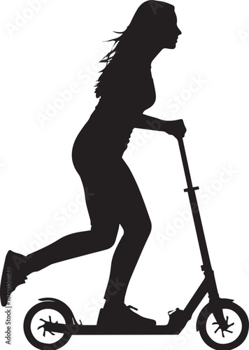 Silhouette of a young woman riding a kick scooter on a white background, active lifestyle and urban transportation concept