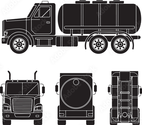 black and white truck illustrations in various views