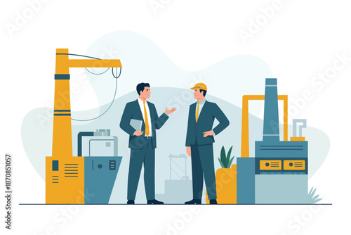 Engineer and manager review factory construction near machinery.