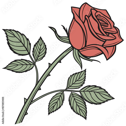 A single elegant red rose in classic line-art style, shown in full bloom with detailed layered petals, a few green leaves, and visible thorns along the stem.