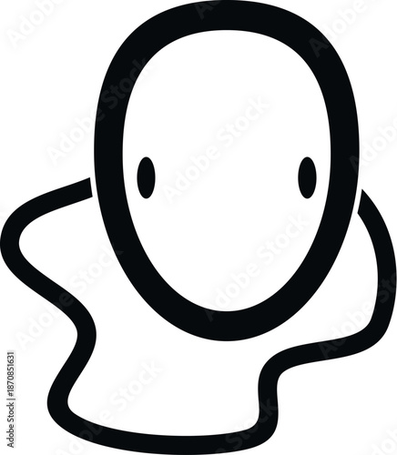Simple black and white blob character featuring a minimalist face and abstract shape
