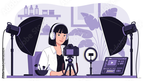 Engaging Vector Illustration of a Young Woman Filming Content with Professional Lighting and Camera Setup