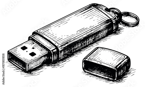 Hand drawn line art illustration of a USB flash drive depicting its cap removed for digital data storage