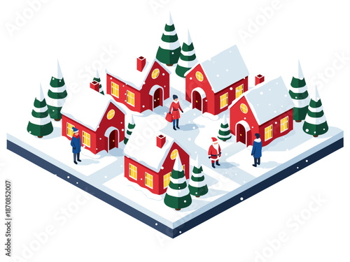 Charming Winter Village Isometric Vector Illustration of Snow-Covered Houses and Festive Figures