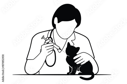 Veterinarian carefully administers medicine to a small black.