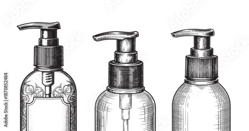 Pump bottle engraving illustration for skincare packaging