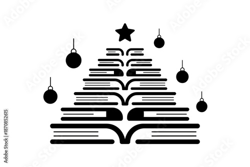 Stack of open books forms a holiday Christmas tree shape.