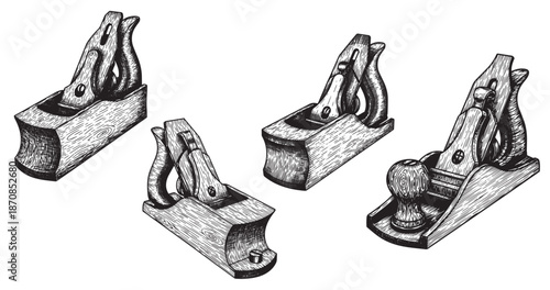 Woodworking hand plane engraving illustration for workshop branding