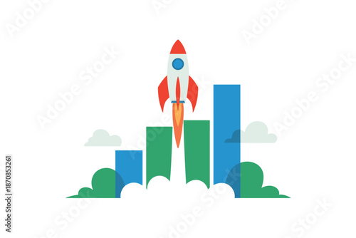 Rocket launch ascending over increasing bar graph elements.