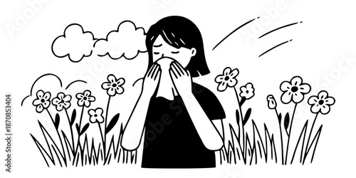 Woman sneezing while standing in a field of flowers outdoors  
