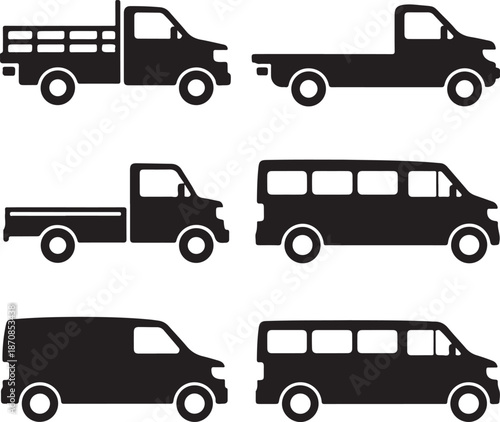 Silhouette icons of various vehicles including trucks and buses side view