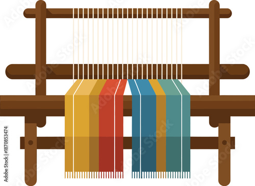 Wooden loom weaving brightly colored striped textile fabric close.