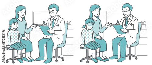 問診と体調不良の女の子と母親セット（男性医師・白衣）