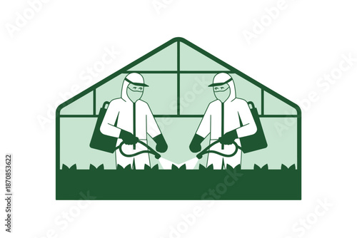 Two workers in protective suits spray crops inside a greenhouse.