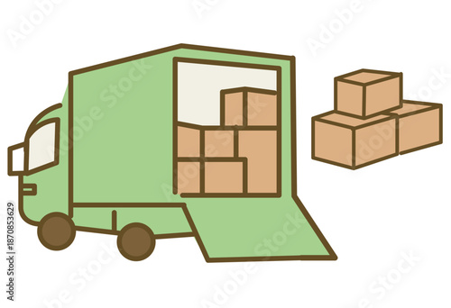 Delivery Truck Unloading Packages Representing Logistics, Shipping Service, Moving Work, Warehouse Operation And E Commerce Distribution Process For Business And Service Explanations