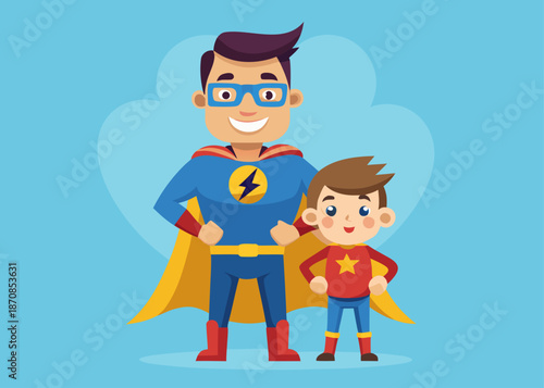 Father and son dressed as superheroes smiling together on blue background  