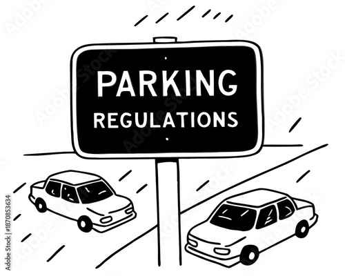 Parking regulations sign with cars on the road in black and white  