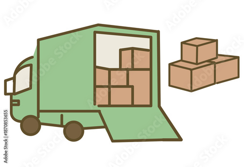 Delivery Truck Unloading Packages Representing Logistics, Shipping Service, Moving Work, Warehouse Operation And E Commerce Distribution Process For Business And Service Explanations
