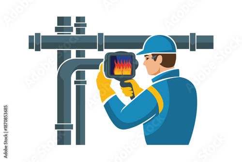 Technician inspects hot pipes using a thermal imaging camera.