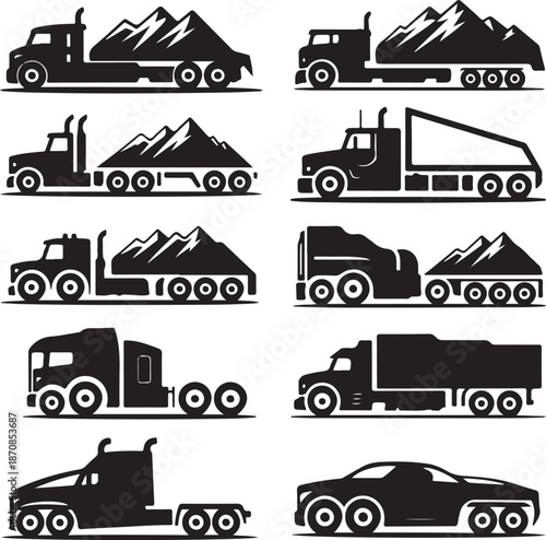blackandwhite silhouettes of various trucks and cars side view