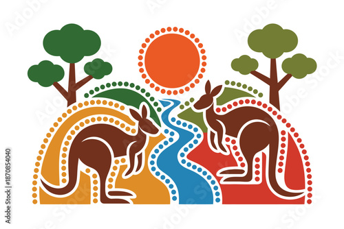 Two kangaroos flank a colorful river in aboriginal art style.