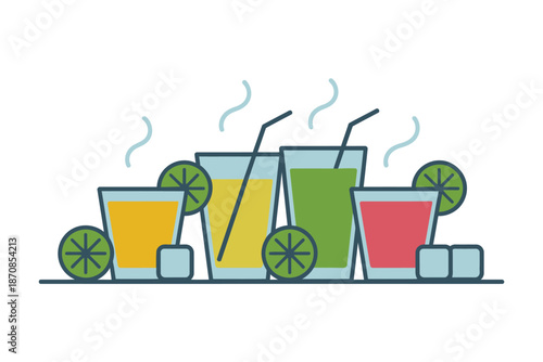 Four tall glasses contain colorful, cold, steaming beverage.