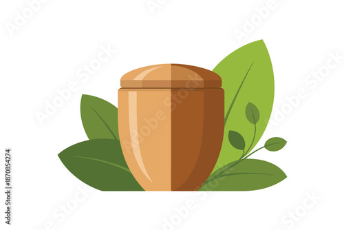 Urn is displayed beside green leaves symbolizing remembrance.
