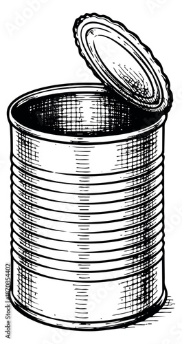 Hand drawn line art illustration of an opened tin can depicting its lid peeled back for food packaging design