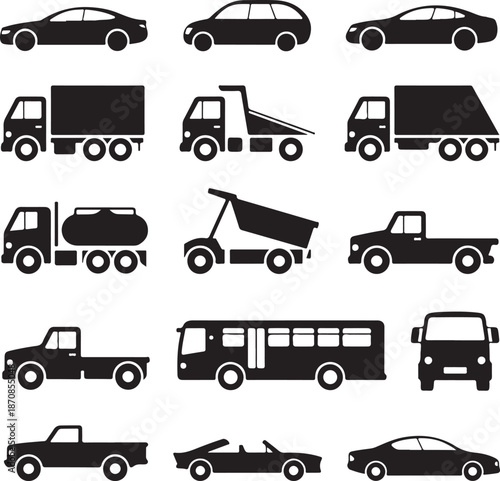 black silhouettes of various vehicles on white background