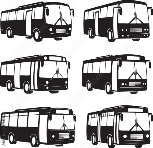set of black silhouette buses in different positions