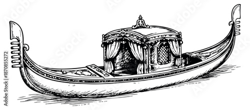 Hand drawn illustration of a gondola depicting a classic Venetian watercraft for travel and tourism