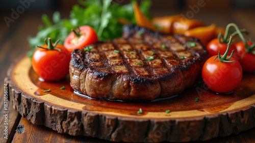 succulent grilled fillet steak served with juicy tomatoes and roasted vegetables on old wooden board rustic food presentation closeup hearty meat meal with rich texture