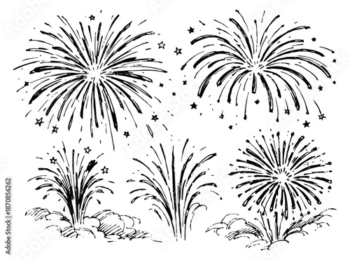Hand drawn line art firework set featuring bursting explosions and sparkling stars for celebration events