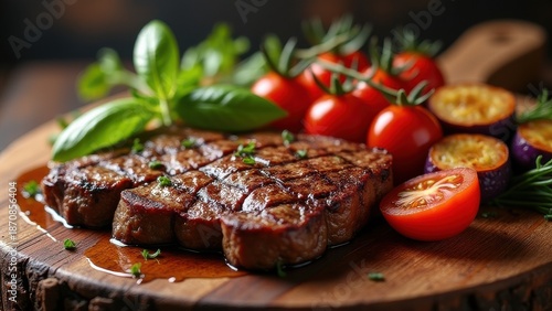 succulent grilled fillet steak served with juicy tomatoes and roasted vegetables on old wooden board rustic food presentation closeup hearty meat meal with rich texture