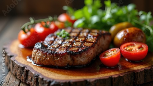 succulent grilled fillet steak served with juicy tomatoes and roasted vegetables on old wooden board rustic food presentation closeup hearty meat meal with rich texture
