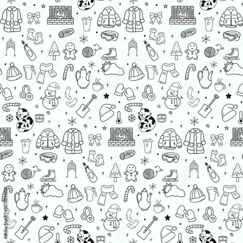 winter hand drawn doodle line art cozy lifestyle seamless pattern