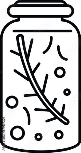 Jar outline with a sprig of herb, bubbles, and spice particles