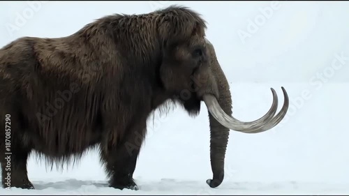 A large woolly mammoth with curved tusks standing in a snowy landscape with a gray sky.