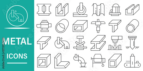 Metal and steel line icon set. Contain metal tube, beam, blacksmith, bolt, pipe and more. Minimalist editable vector stroke.