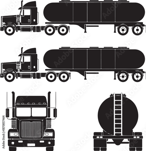 blackandwhite silhouettes of a large truck with tanker trailer