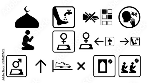 Collection of Islamic Icons for Prayer and Facilities. Vector Illustration. EPS Editable