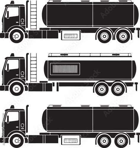 blackandwhite silhouettes of different tanker trucks in various views
