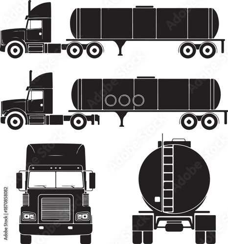 blackandwhite silhouettes of tanker trucks in various views