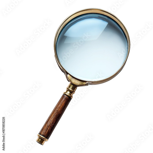 Vintage Magnifying Glass with Wooden Handle in Classic Style with Golden Accents on Transparent Background for Detective Work isolated on transparent background