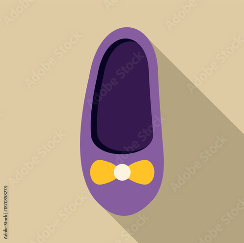 Single purple ballet flat shoe with a yellow bow in flat design