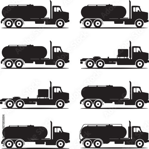 black silhouettes of various tanker trucks on white background