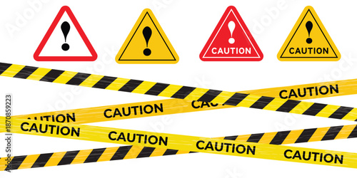 Caution tape set of yellow warning ribbons isolated on white background. Abstract warning lines for police, accident, under construction. Vector illustration of danger tape collection.