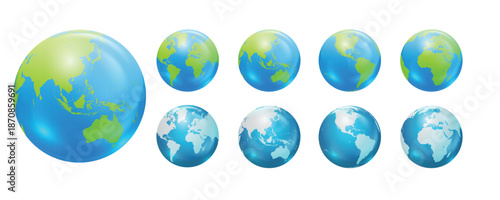 Globes showing earth with all continents. World map globe vector icons set