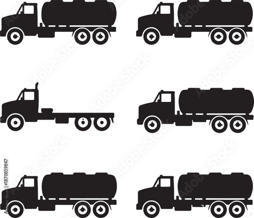 black silhouettes of different tanker trucks on white background